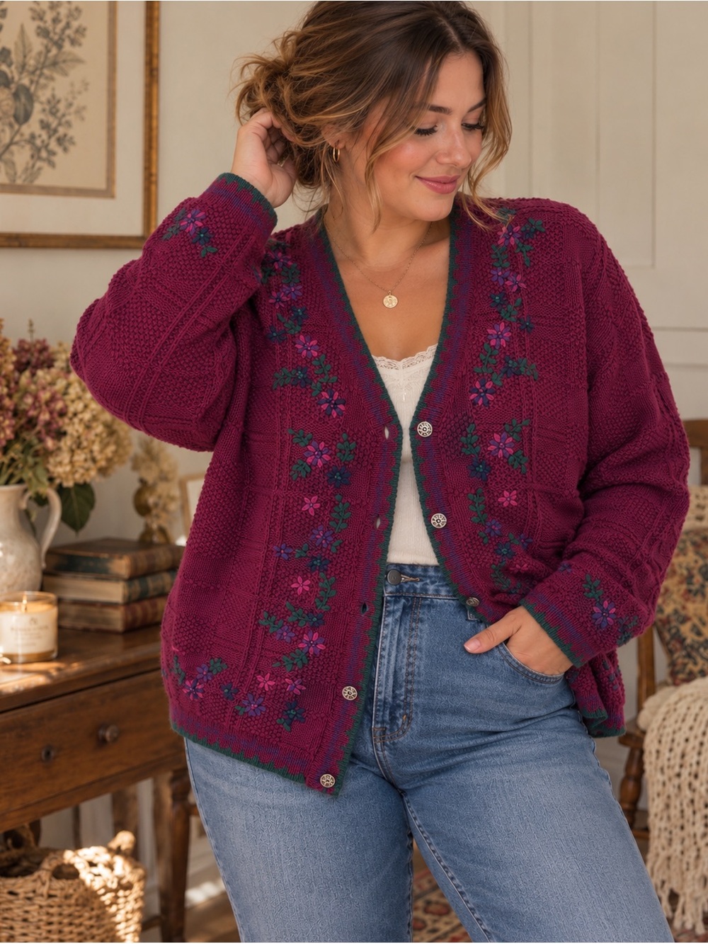 Northern Reflections Vintage 90s Burgundy Embroidered Floral Knit Cardigan Green